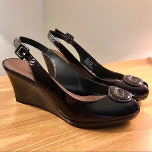 Clarks Brown Patent Leather Slingback Wedges